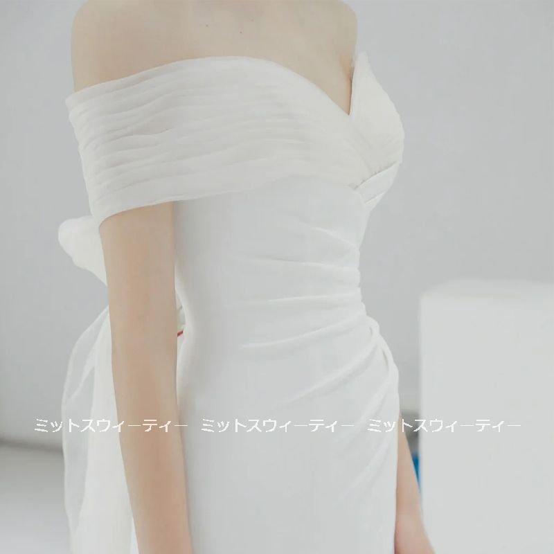 韓国ファッション前撮り スレンダードレス ウエディングドレス 二次会 ウェディングドレス 花嫁 エレガント パーティー 結婚式 ロングドレス オフショルダー リゾート トレーン