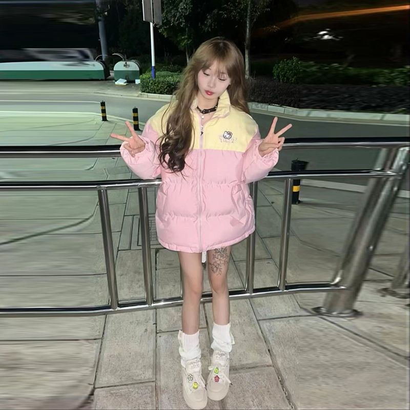 ネットレッド レディース 冬 厚手 かわいい ハローキティ 流行り 中綿ジャケット ゆったり パッチワーク ダウンコート