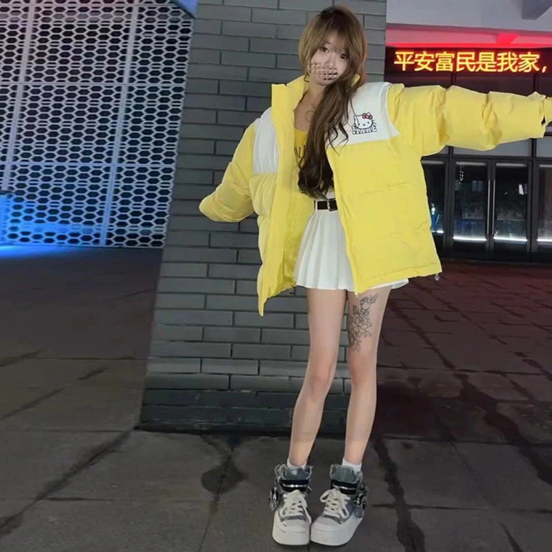 ネットレッド レディース 冬 厚手 かわいい ハローキティ 流行り 中綿ジャケット ゆったり パッチワーク ダウンコート