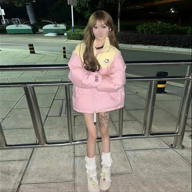 ネットレッド レディース 冬 厚手 かわいい ハローキティ 流行り 中綿ジャケット ゆったり パッチワーク ダウンコート