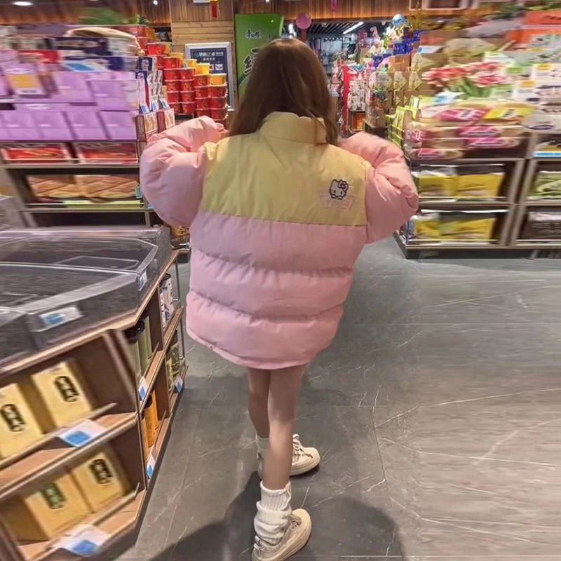 ネットレッド レディース 冬 厚手 かわいい ハローキティ 流行り 中綿ジャケット ゆったり パッチワーク ダウンコート