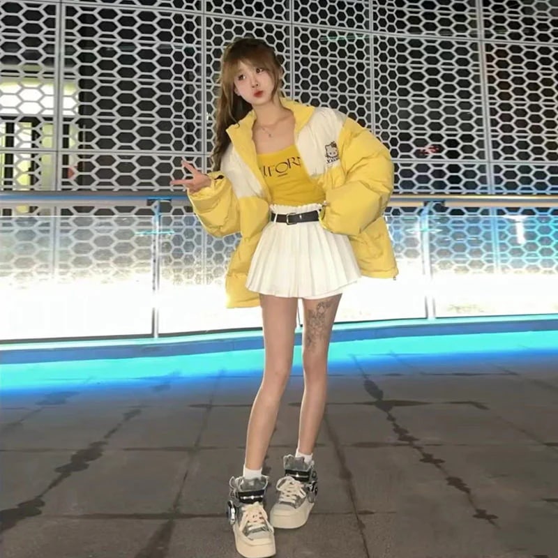 ネットレッド レディース 冬 厚手 かわいい ハローキティ 流行り 中綿ジャケット ゆったり パッチワーク ダウンコート