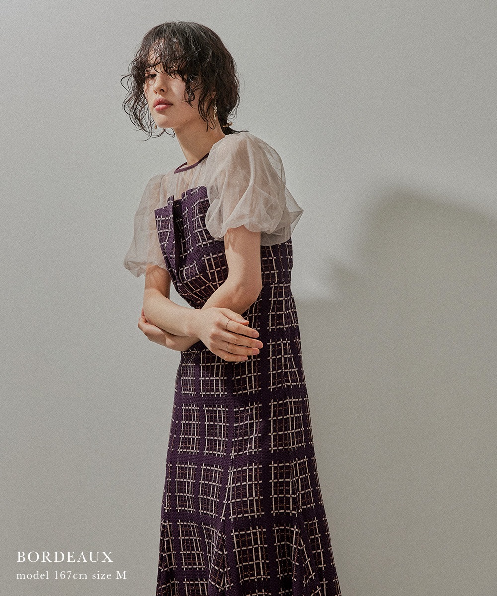 チェック柄マーメイドワンピースドレス 結婚式 パーティードレス チュール ロング丈 ボリューム袖 パフスリーブ 半袖 ロングドレス オケージョン 1.5次会 春夏 秋冬 二次会 謝恩会 成人式