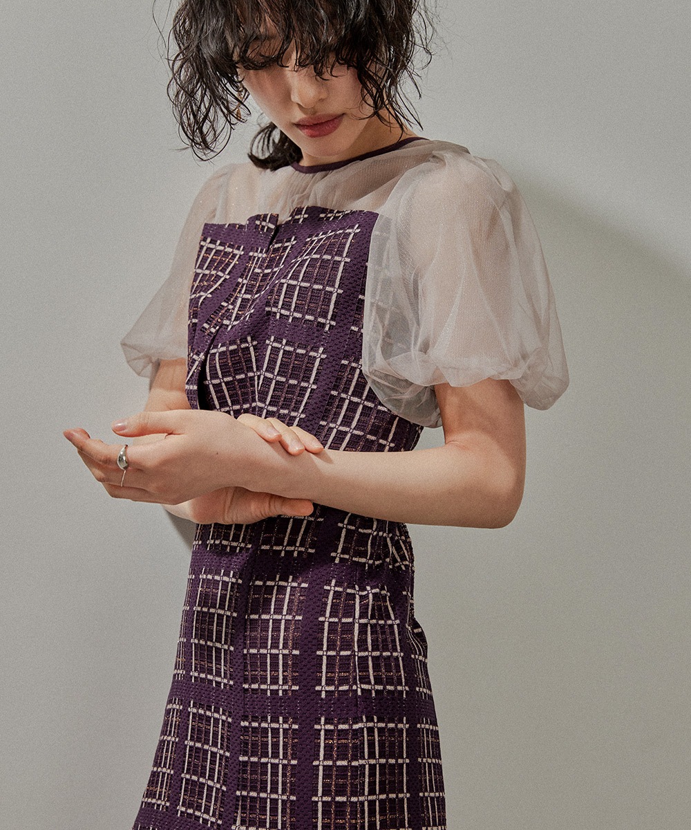 チェック柄マーメイドワンピースドレス 結婚式 パーティードレス チュール ロング丈 ボリューム袖 パフスリーブ 半袖 ロングドレス オケージョン 1.5次会 春夏 秋冬 二次会 謝恩会 成人式