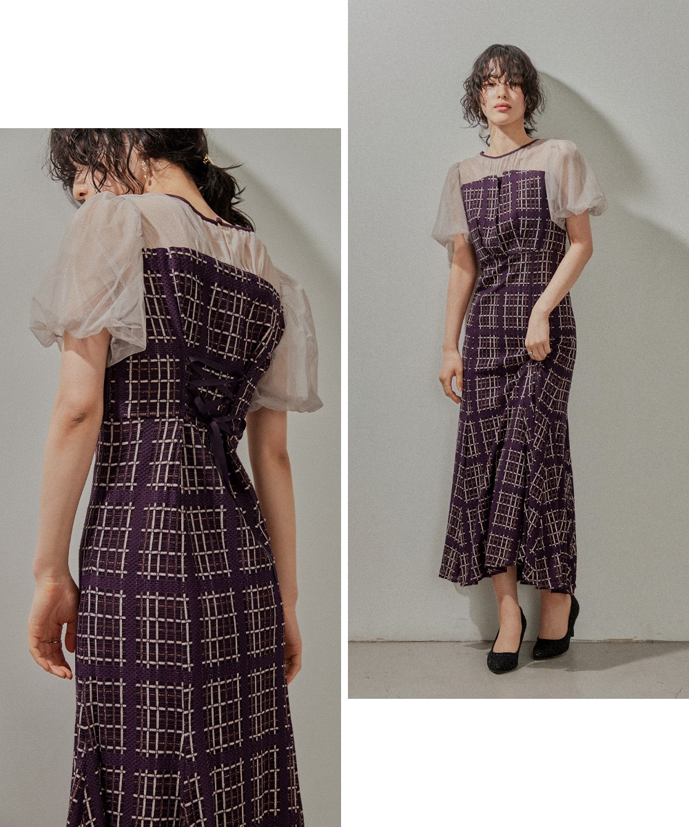 チェック柄マーメイドワンピースドレス 結婚式 パーティードレス チュール ロング丈 ボリューム袖 パフスリーブ 半袖 ロングドレス オケージョン 1.5次会 春夏 秋冬 二次会 謝恩会 成人式