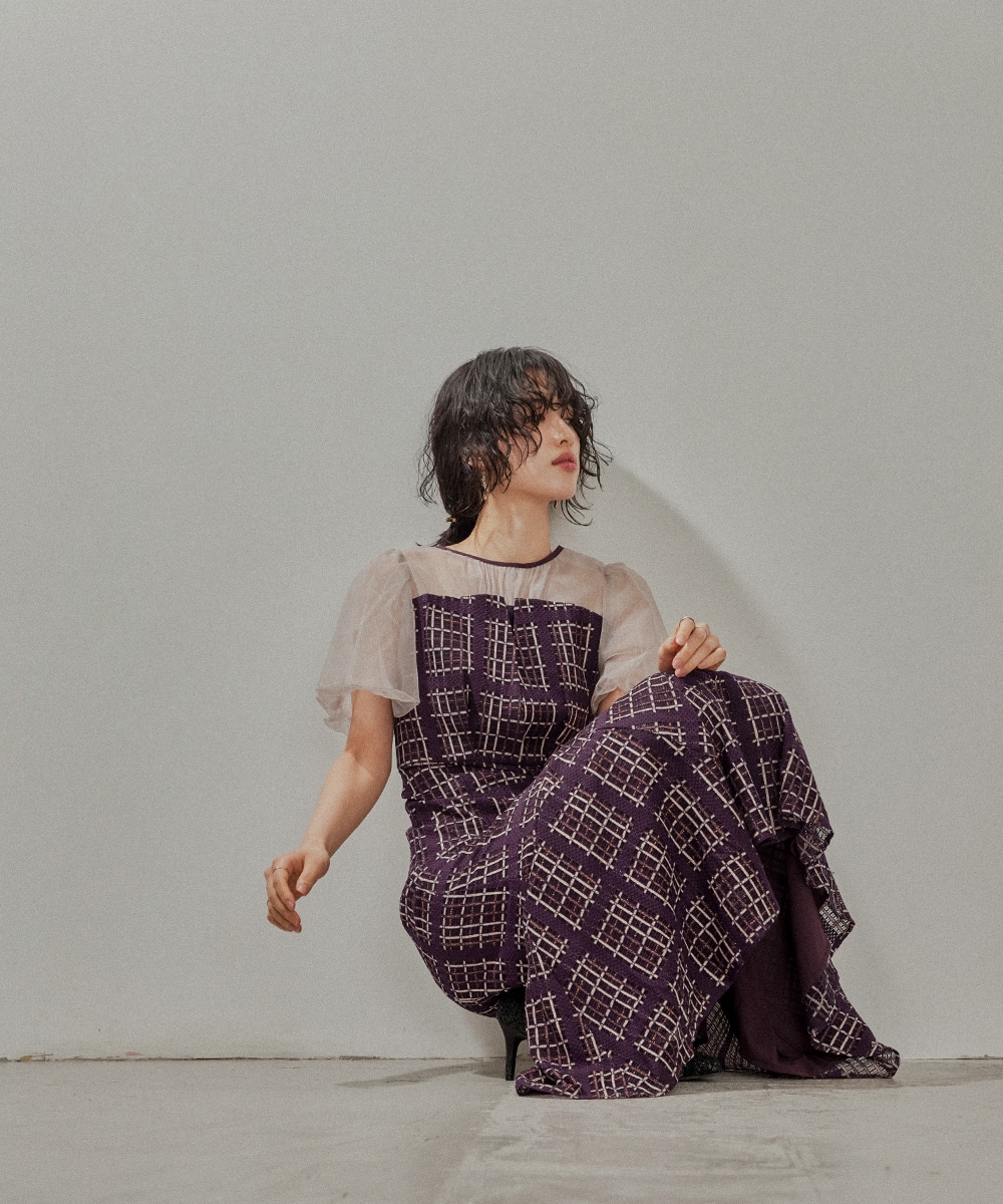 チェック柄マーメイドワンピースドレス 結婚式 パーティードレス チュール ロング丈 ボリューム袖 パフスリーブ 半袖 ロングドレス オケージョン 1.5次会 春夏 秋冬 二次会 謝恩会 成人式