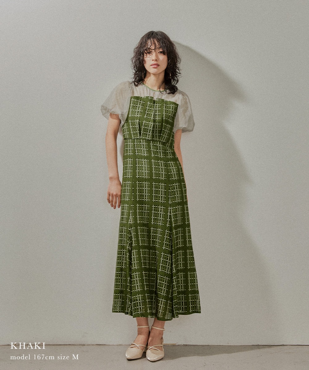 チェック柄マーメイドワンピースドレス 結婚式 パーティードレス チュール ロング丈 ボリューム袖 パフスリーブ 半袖 ロングドレス オケージョン 1.5次会 春夏 秋冬 二次会 謝恩会 成人式