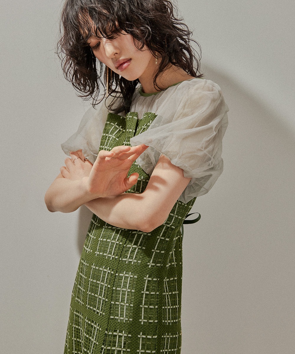 チェック柄マーメイドワンピースドレス 結婚式 パーティードレス チュール ロング丈 ボリューム袖 パフスリーブ 半袖 ロングドレス オケージョン 1.5次会 春夏 秋冬 二次会 謝恩会 成人式