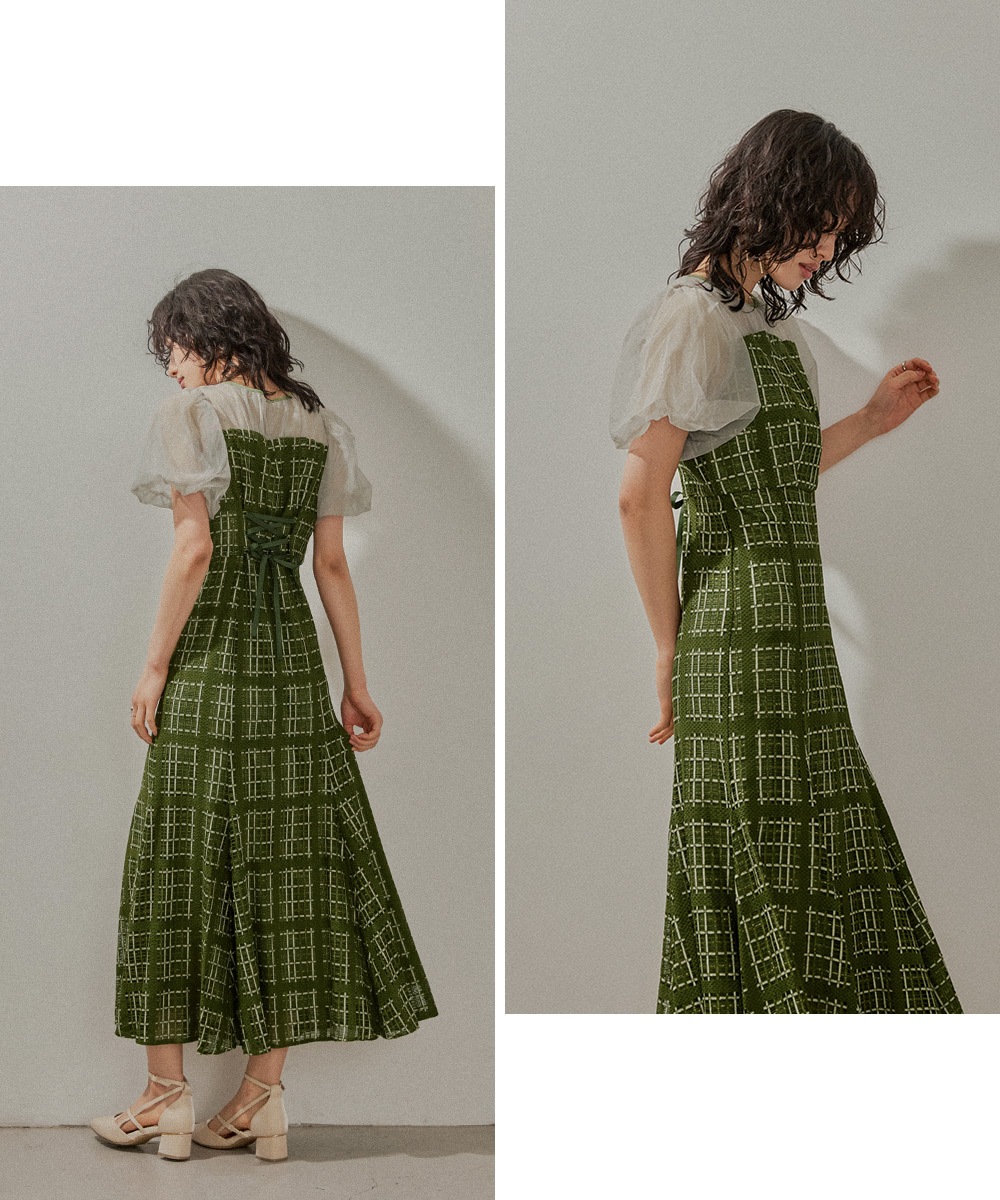 チェック柄マーメイドワンピースドレス 結婚式 パーティードレス チュール ロング丈 ボリューム袖 パフスリーブ 半袖 ロングドレス オケージョン 1.5次会 春夏 秋冬 二次会 謝恩会 成人式