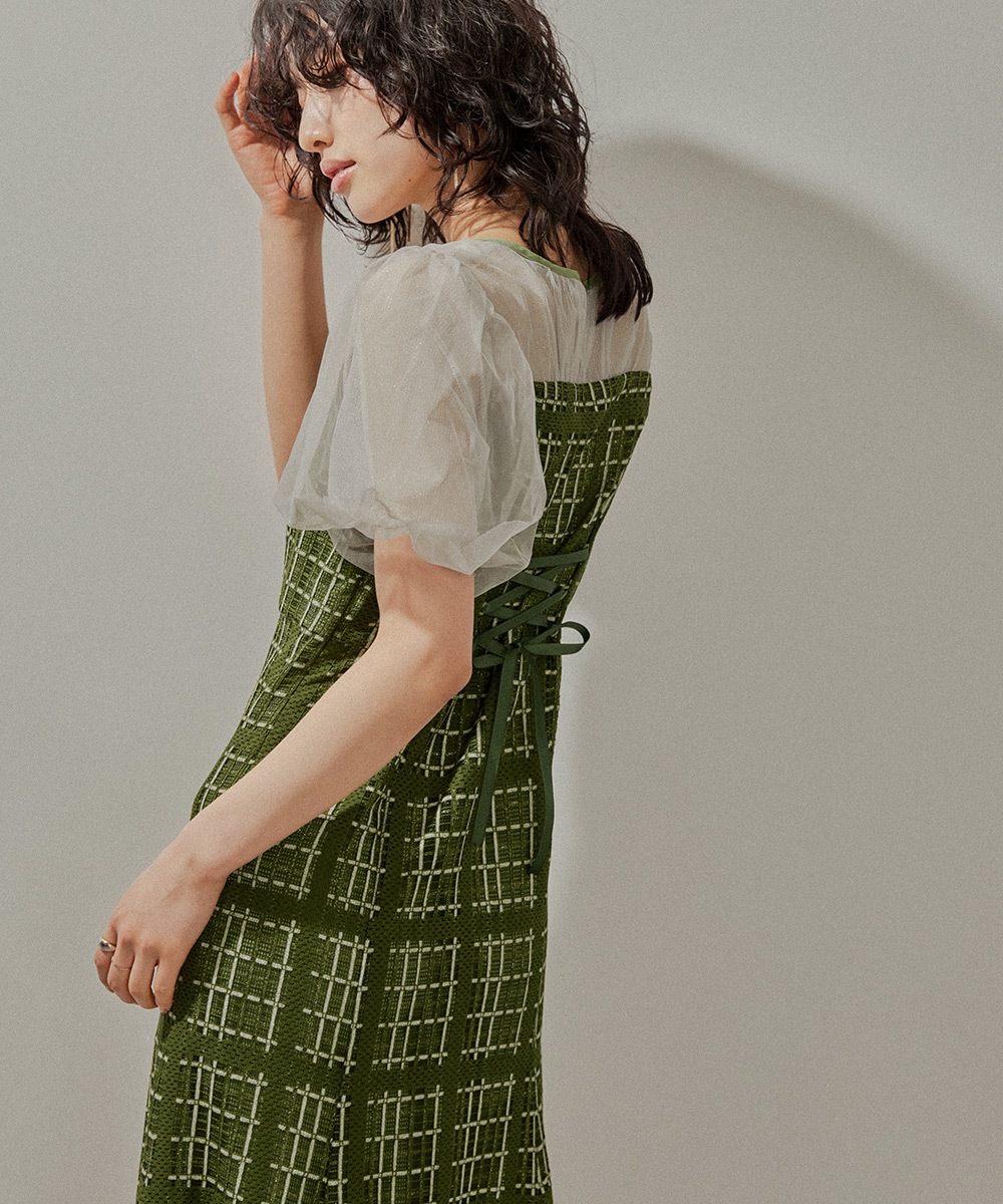 チェック柄マーメイドワンピースドレス 結婚式 パーティードレス チュール ロング丈 ボリューム袖 パフスリーブ 半袖 ロングドレス オケージョン 1.5次会 春夏 秋冬 二次会 謝恩会 成人式