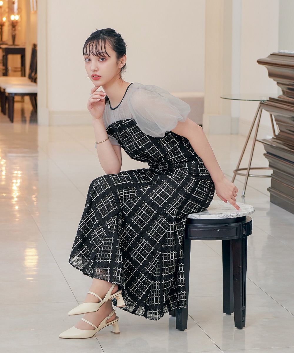 チェック柄マーメイドワンピースドレス 結婚式 パーティードレス チュール ロング丈 ボリューム袖 パフスリーブ 半袖 ロングドレス オケージョン 1.5次会 春夏 秋冬 二次会 謝恩会 成人式