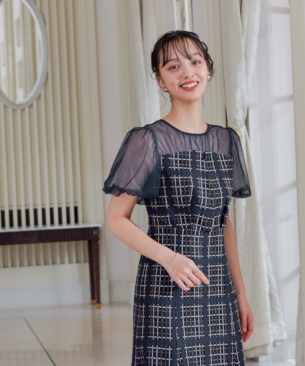 チェック柄マーメイドワンピースドレス 結婚式 パーティードレス チュール ロング丈 ボリューム袖 パフスリーブ 半袖 ロングドレス オケージョン 1.5次会 春夏 秋冬 二次会 謝恩会 成人式