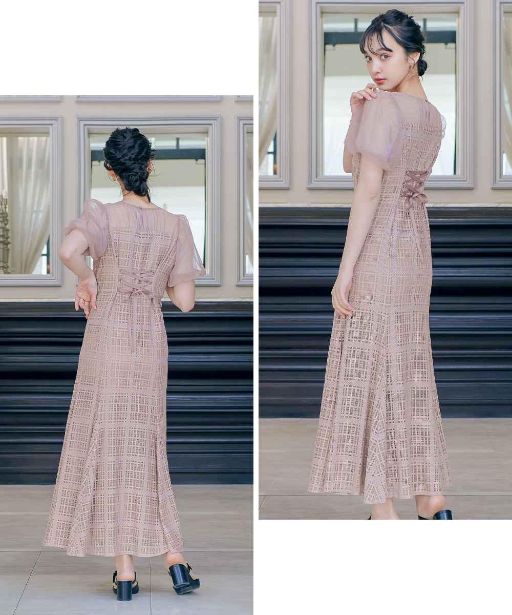 チェック柄マーメイドワンピースドレス 結婚式 パーティードレス チュール ロング丈 ボリューム袖 パフスリーブ 半袖 ロングドレス オケージョン 1.5次会 春夏 秋冬 二次会 謝恩会 成人式