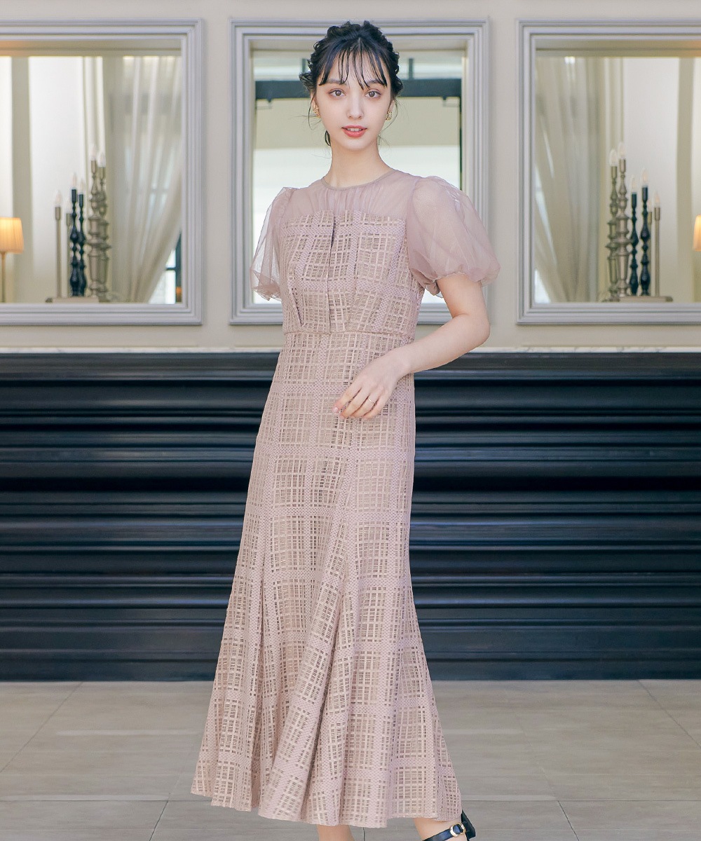 チェック柄マーメイドワンピースドレス 結婚式 パーティードレス チュール ロング丈 ボリューム袖 パフスリーブ 半袖 ロングドレス オケージョン 1.5次会 春夏 秋冬 二次会 謝恩会 成人式