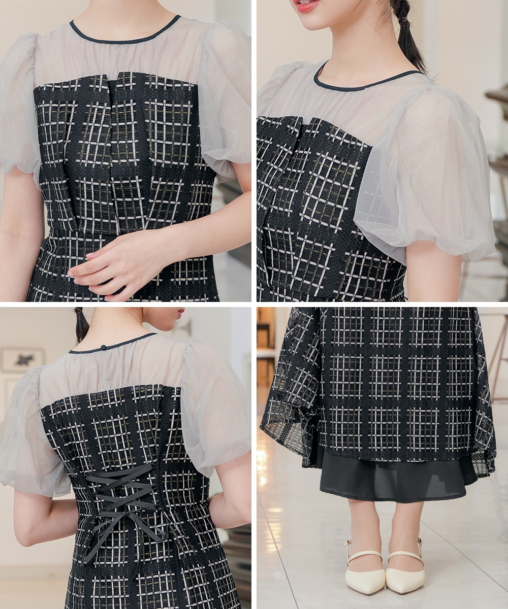 チェック柄マーメイドワンピースドレス 結婚式 パーティードレス チュール ロング丈 ボリューム袖 パフスリーブ 半袖 ロングドレス オケージョン 1.5次会 春夏 秋冬 二次会 謝恩会 成人式