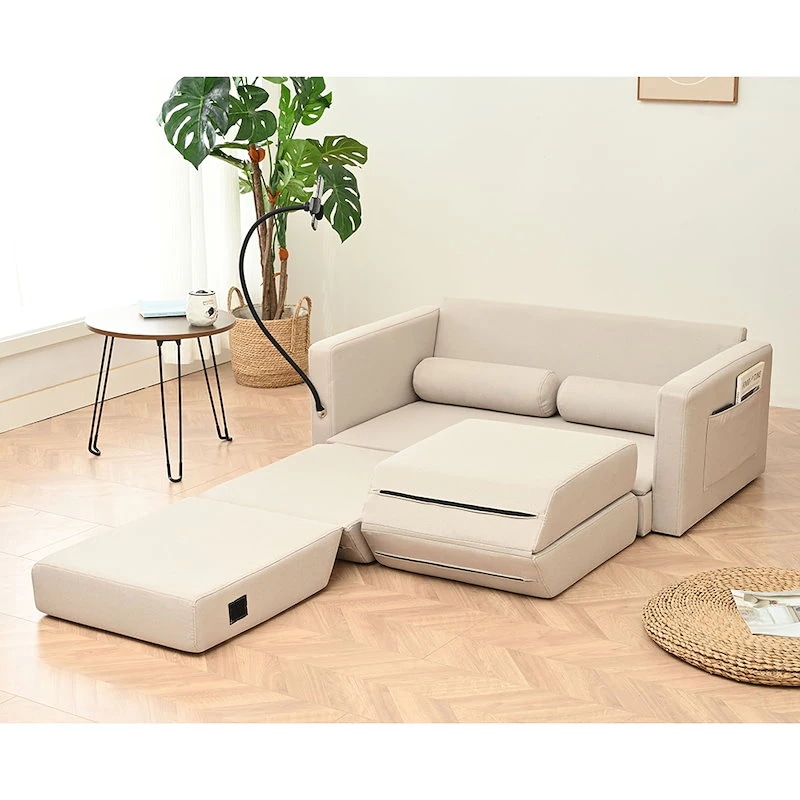 【国内即日発送】リビングルームのための調節可能な背もたれ付き収納プルアウトベッド付きラブシートスリーパーソファ