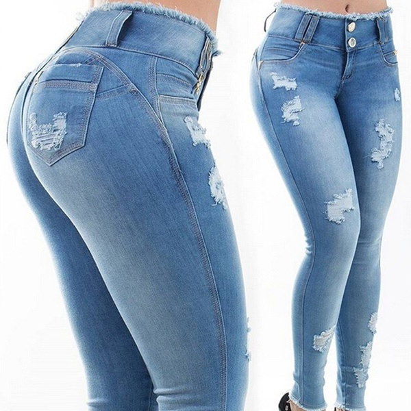 ファッション女性セクシーなボディコンスキニージーンズデニムパンツリップペンシルパンツS - 2XL ファッション女性セクシーなボディコンスキニージーンズデニムパンツリップペンシルパンツS - 2XL