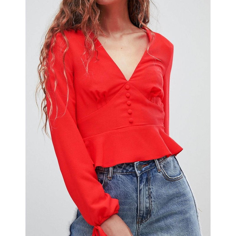 ミス セルフリッジ レディース トップス ブラウス・シャツ【Miss Selfridge Button Down Tie Sleeve Blouse】Red ミス セルフリッジ レディース トップス ブラウス・シャツ【Miss Selfridge Button Down Tie Sleeve Blouse】Red