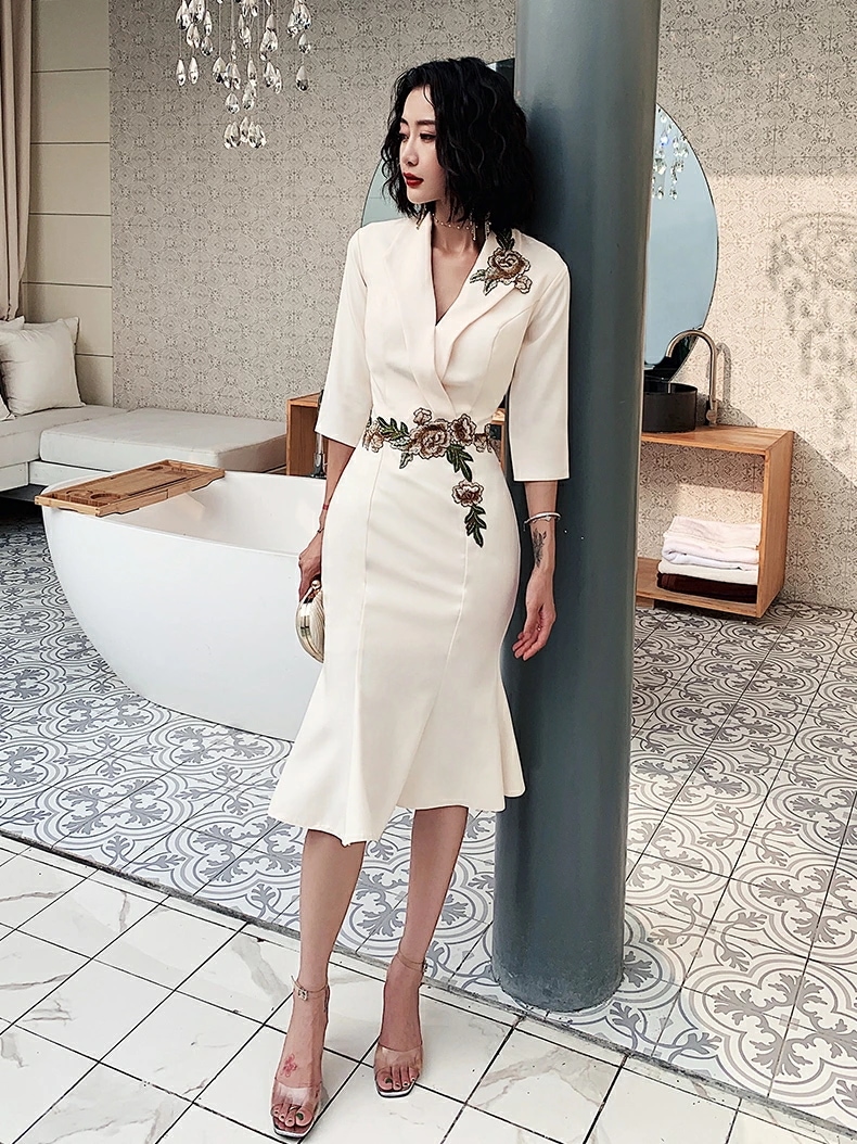 【急速出荷 2025年新作】韓国パーティードレス ワンピース ドレス 可愛い 無地　花柄 カシュクール　Vネック 春　夏　秋　五分袖　ひざ下丈　ミモレ丈　ミディ丈 オルチャン お呼ばれ ゲスト 二次会