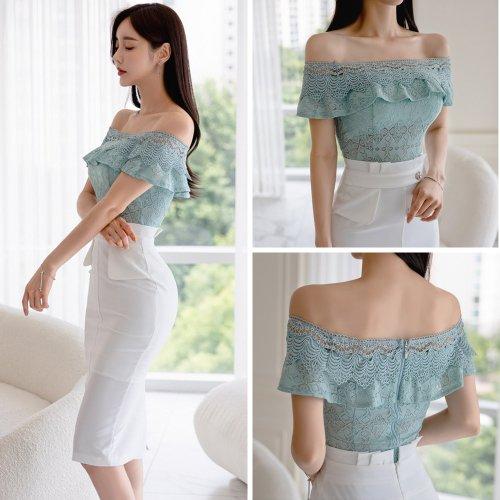 キャバドレス ナイトドレス ミディアムドレス オフショルダー セットアップ ワンピース ギャザー ケミカルレース スリット ビジュー レディース グラシア