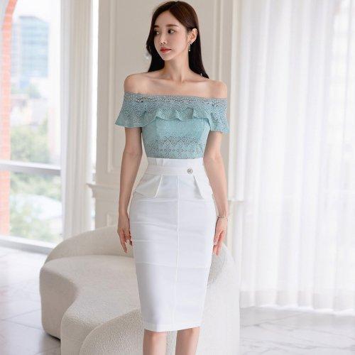 キャバドレス ナイトドレス ミディアムドレス オフショルダー セットアップ ワンピース ギャザー ケミカルレース スリット ビジュー レディース グラシア