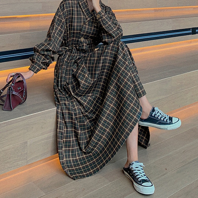 ワンピース レディース ワンピ ロングワンピ ロング丈 チェック柄 ラグラン袖 長袖 ミドルウエスト 袖あり 長袖 Vネック おしゃれ 可愛い カジュアル エレガント フェミニン M L XL 2