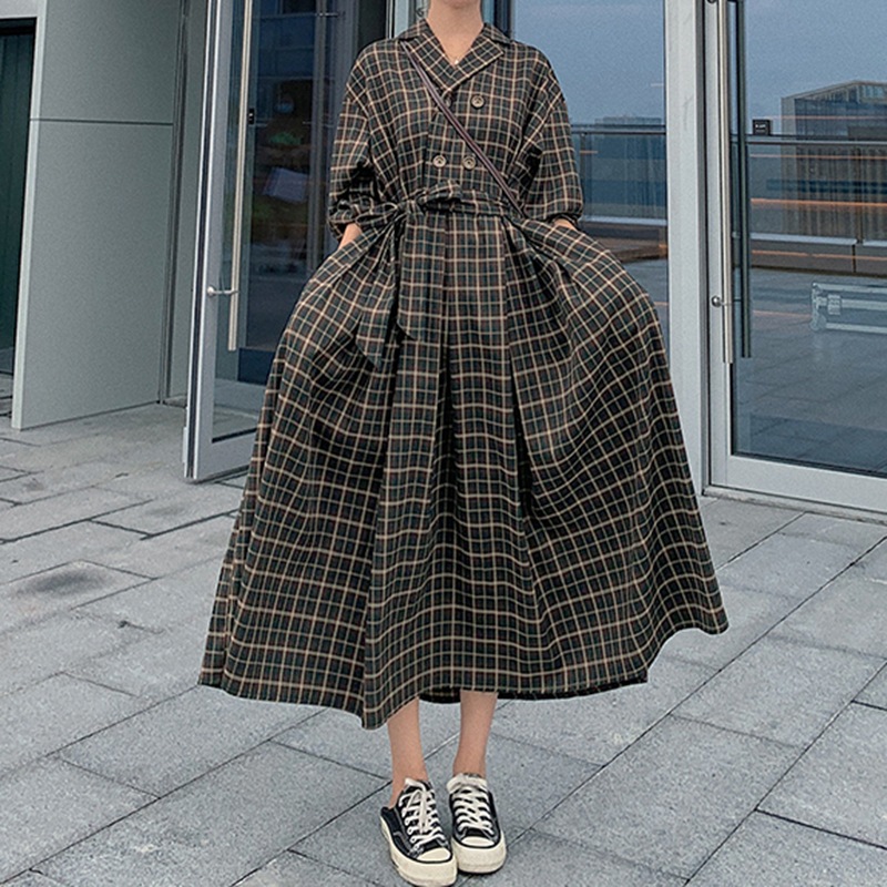 ワンピース レディース ワンピ ロングワンピ ロング丈 チェック柄 ラグラン袖 長袖 ミドルウエスト 袖あり 長袖 Vネック おしゃれ 可愛い カジュアル エレガント フェミニン M L XL 2