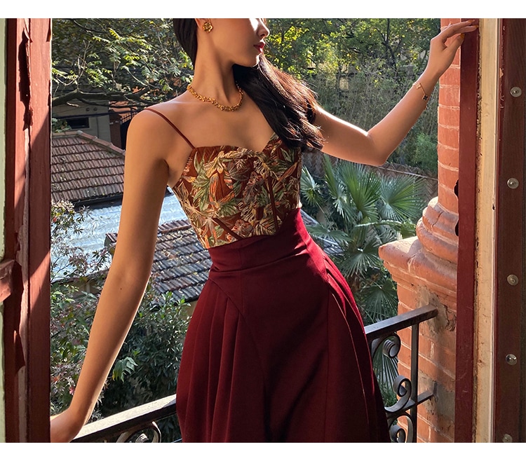 メープル リーフ レッド フィッシュボーン プリント スパイス ガール キャミソール 秋 冬 インナー デザイン アウター トップス レディース XS Ｓ トップス かわいい 大人可愛い きれいめ