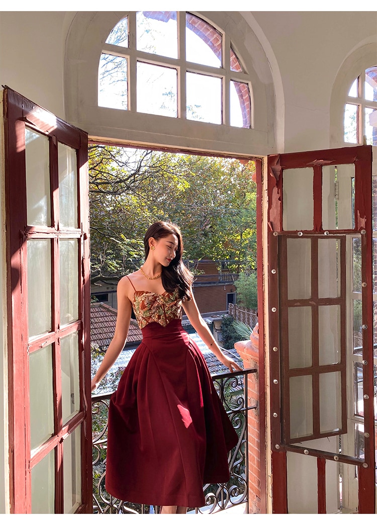 メープル リーフ レッド フィッシュボーン プリント スパイス ガール キャミソール 秋 冬 インナー デザイン アウター トップス レディース XS Ｓ トップス かわいい 大人可愛い きれいめ