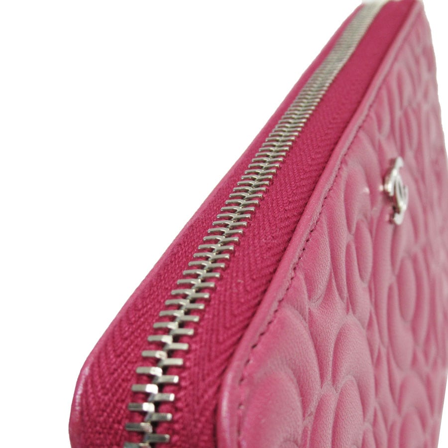 CHANEL シャネル カメリア ラウンドファスナー 長財布 ピンク レザー