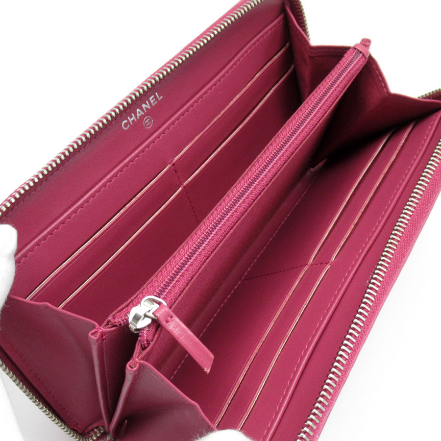 シャネル CHANEL ダークピンクラウンドファスナー長財布 レディース