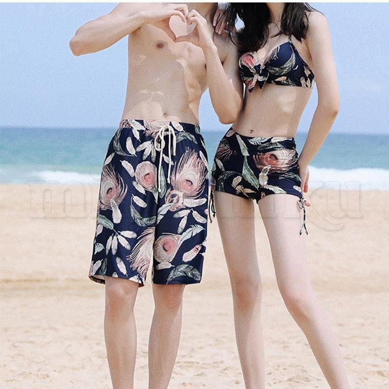 入荷！男女セットペア水着 4点セット ペアルック 総柄 ワンピース ビキニ パンツ お揃い ペアルック レディース メンズ 結婚祝い 体型カバー 旅行 大人