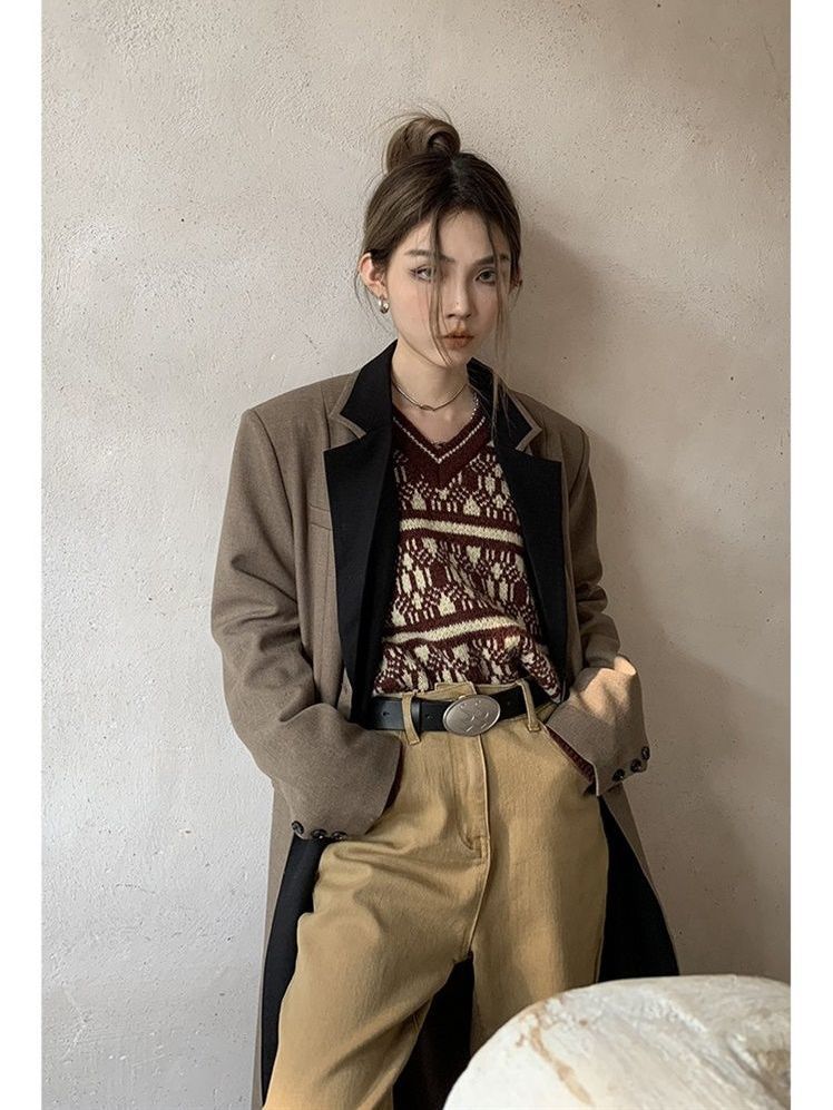 福袋2025大人気 春と秋のつなぎ襟英倫高級感のある肩の長いスーツのコートのコートの女性