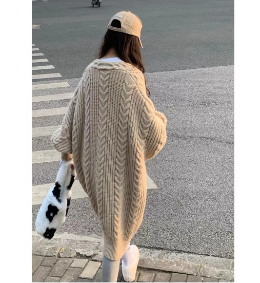 ニット カーディガン オーバーサイズ 厚手 ロング トップス ニットソー カーディガン 上着 袖あり 長袖 ドルマンスリーブ 襟なし ワイド もこもこ モコモコ 前開き 編み込み ニット かわいい