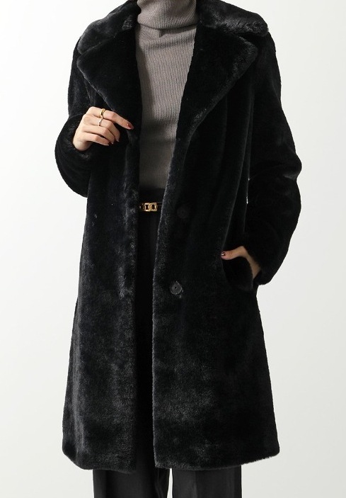 雑誌掲載　エコファーコート　シングルブレスト　ブラック