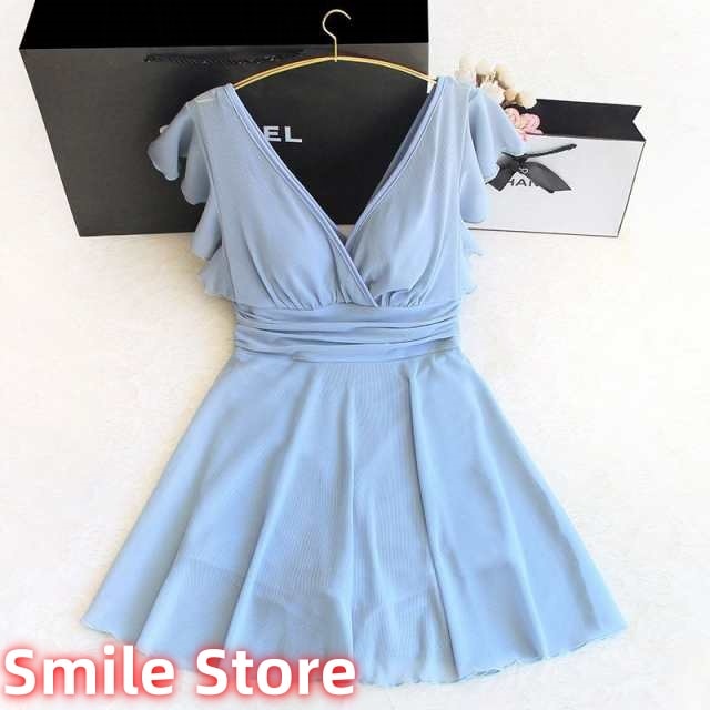 シアー パッド入り スイムドレス ワイヤーあり ウエストマーク ネック ビーチ フリル スカート ワンピース レディース 水着 シースルー