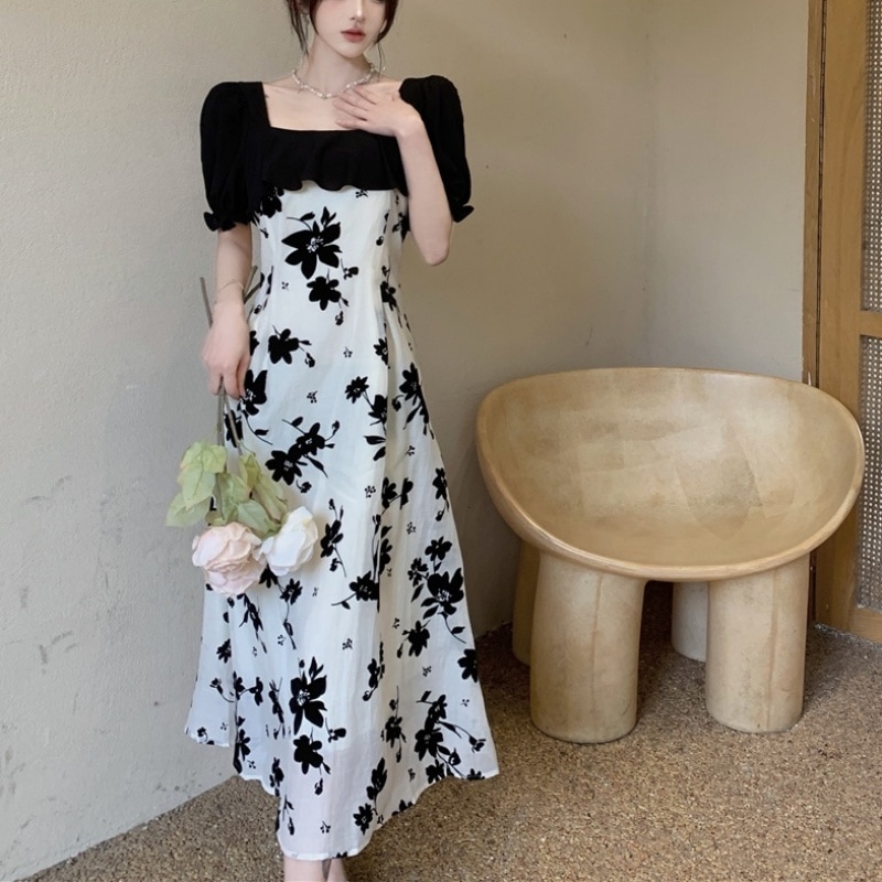 ワンピース 袖あり 半袖 パフスリーブ フリル スクエアネック 無地 花柄 フローラル フラワー プリント シンプル 大きいサイズ ハイウエスト ロング ミモレ丈 L XL 2XL
