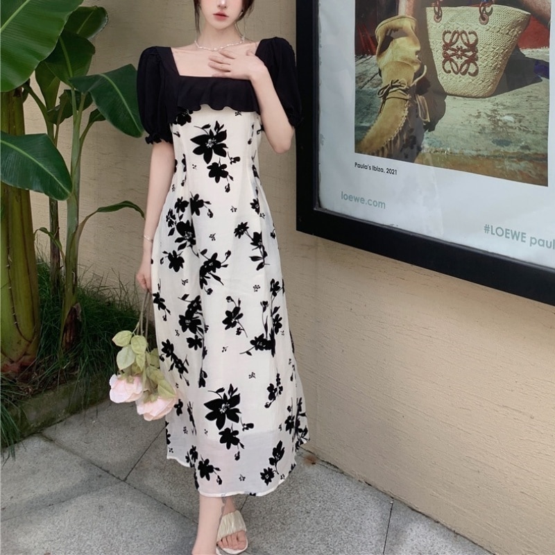 ワンピース 袖あり 半袖 パフスリーブ フリル スクエアネック 無地 花柄 フローラル フラワー プリント シンプル 大きいサイズ ハイウエスト ロング ミモレ丈 L XL 2XL