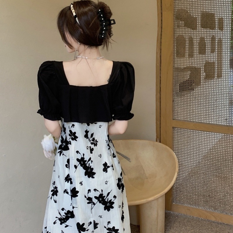 ワンピース 袖あり 半袖 パフスリーブ フリル スクエアネック 無地 花柄 フローラル フラワー プリント シンプル 大きいサイズ ハイウエスト ロング ミモレ丈 L XL 2XL