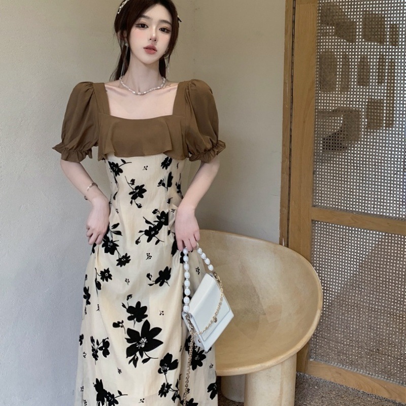 ワンピース 袖あり 半袖 パフスリーブ フリル スクエアネック 無地 花柄 フローラル フラワー プリント シンプル 大きいサイズ ハイウエスト ロング ミモレ丈 L XL 2XL