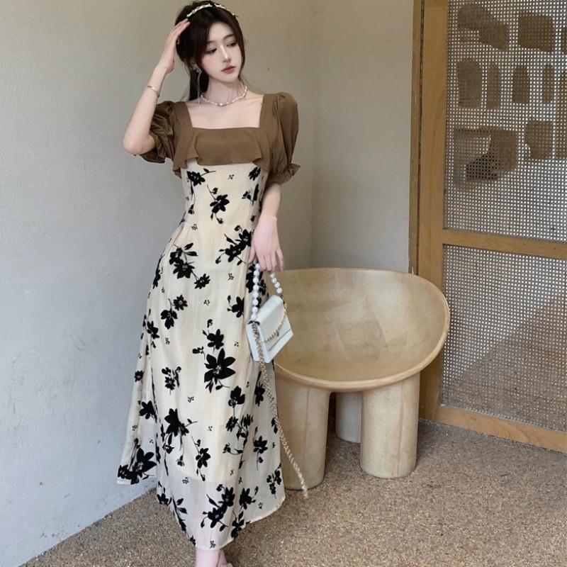 ワンピース 袖あり 半袖 パフスリーブ フリル スクエアネック 無地 花柄 フローラル フラワー プリント シンプル 大きいサイズ ハイウエスト ロング ミモレ丈 L XL 2XL