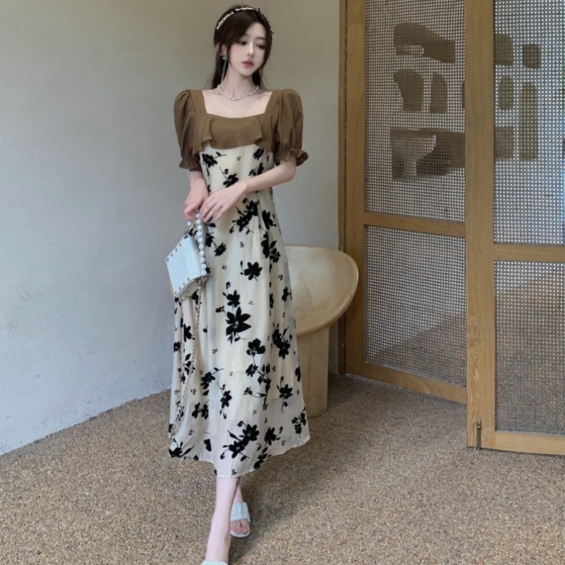 ワンピース 袖あり 半袖 パフスリーブ フリル スクエアネック 無地 花柄 フローラル フラワー プリント シンプル 大きいサイズ ハイウエスト ロング ミモレ丈 L XL 2XL