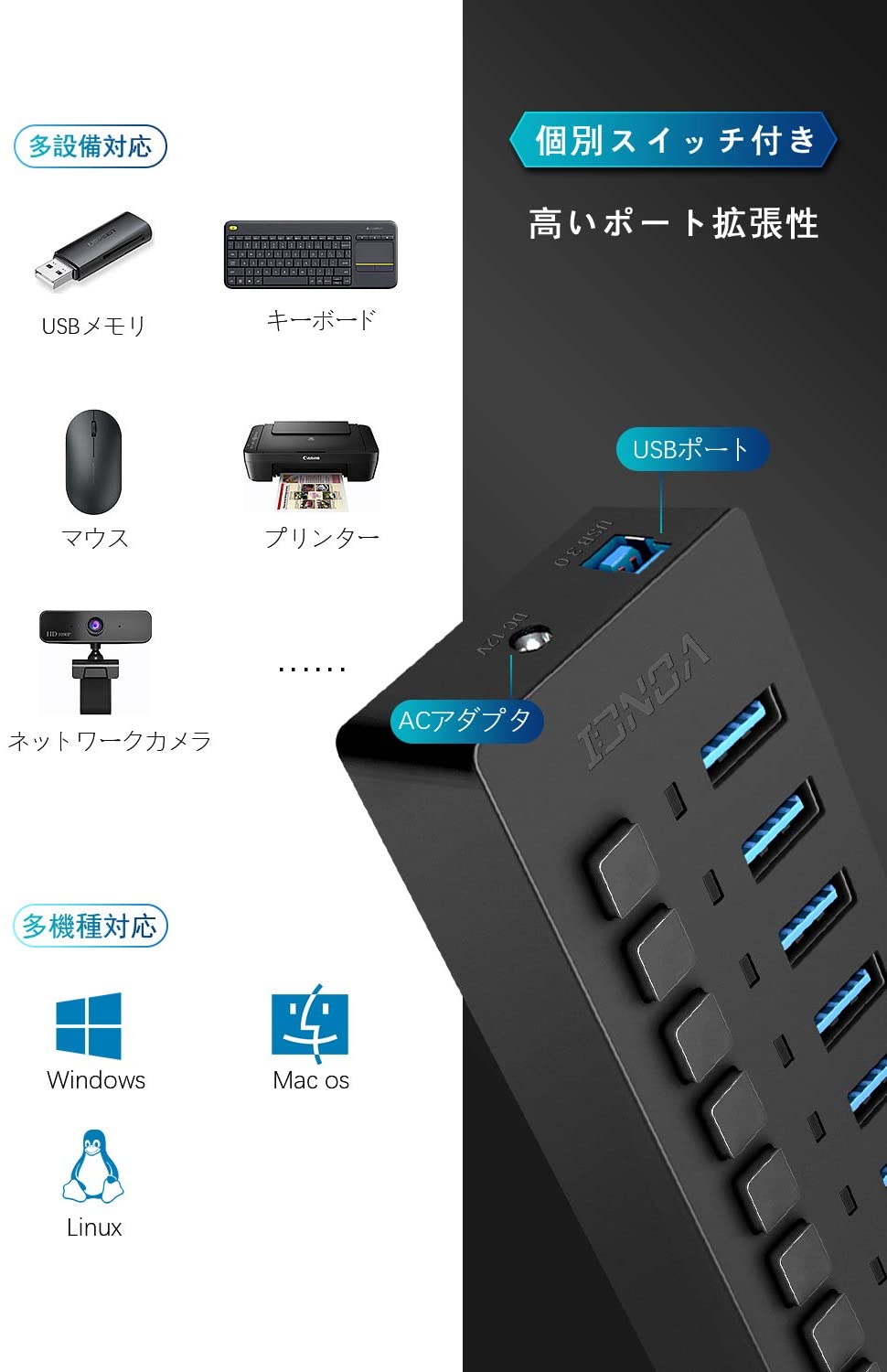 【本日限定価格】 usbポート ブラック 独立スイッチ付 USB拡張 usbハブ ps4 10ポート