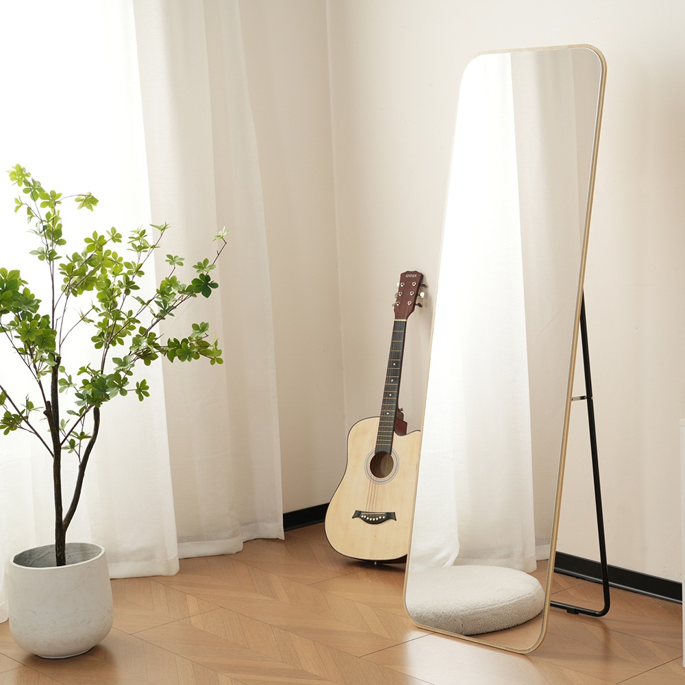 全身鏡 丸角フレーム 姿見鏡 北欧 木目調 スタンドミラー 壁掛けミラー 立てかけ 姿見 鏡 ミラー おしゃれ 飛散防止 160*50CM ナチュラル