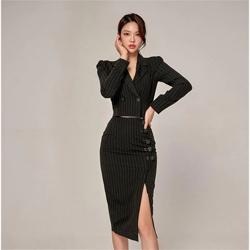 2点セットトップス スカート タイト 韓国 インポート きれいめ センター セットアップ 着痩せ 膝下 パーティドレス 上品 エレガント 大人 可愛い スリム 大