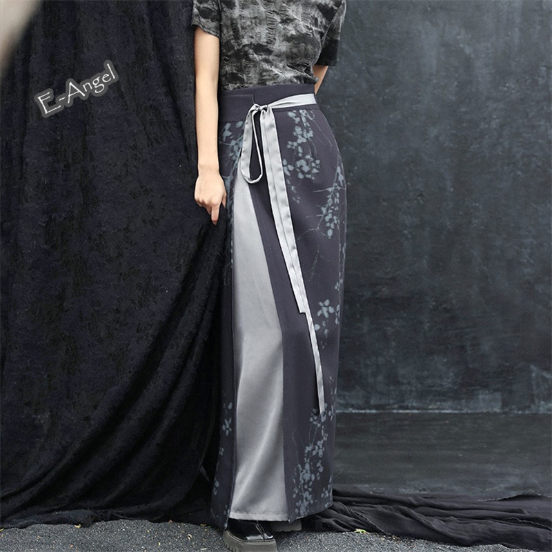 ラップスカート ロング 切り替え チャイナ風スカート 漢服 巻きスカート マキシスカート ハイウエスト レイヤード 柄スカート 通勤 シンプル