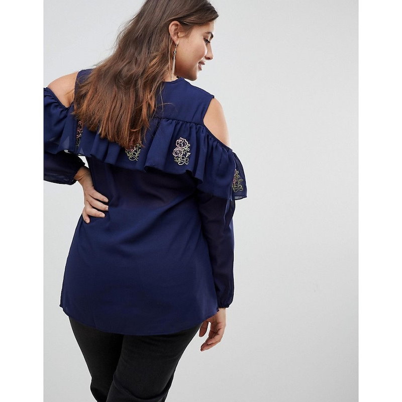 ココ レディース トップス【Koko Cold Shoulder Ruffle Top With Embroidery】Navy ココ レディース トップス【Koko Cold Shoulder Ruffle Top With Embroidery】Navy