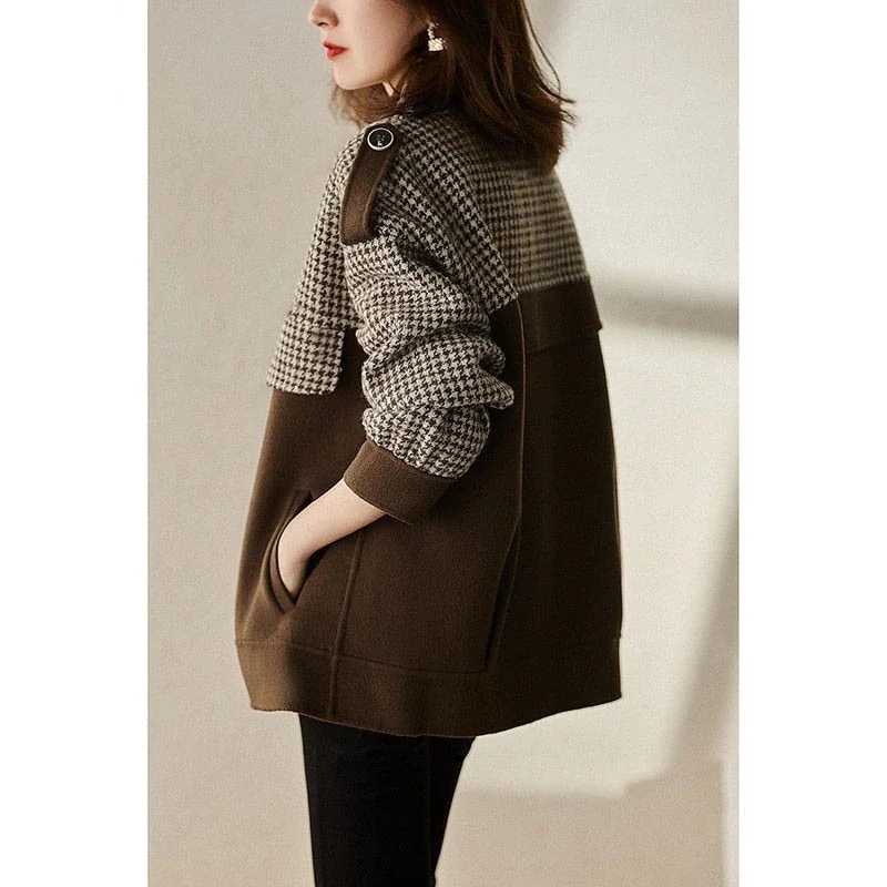 秋冬新作気質千鳥格子パッチワークショートコート婦人服ゆったり百掛けエレガントトップス 秋冬新作気質千鳥格子パッチワークショートコート婦人服ゆったり百掛けエレガントトップス