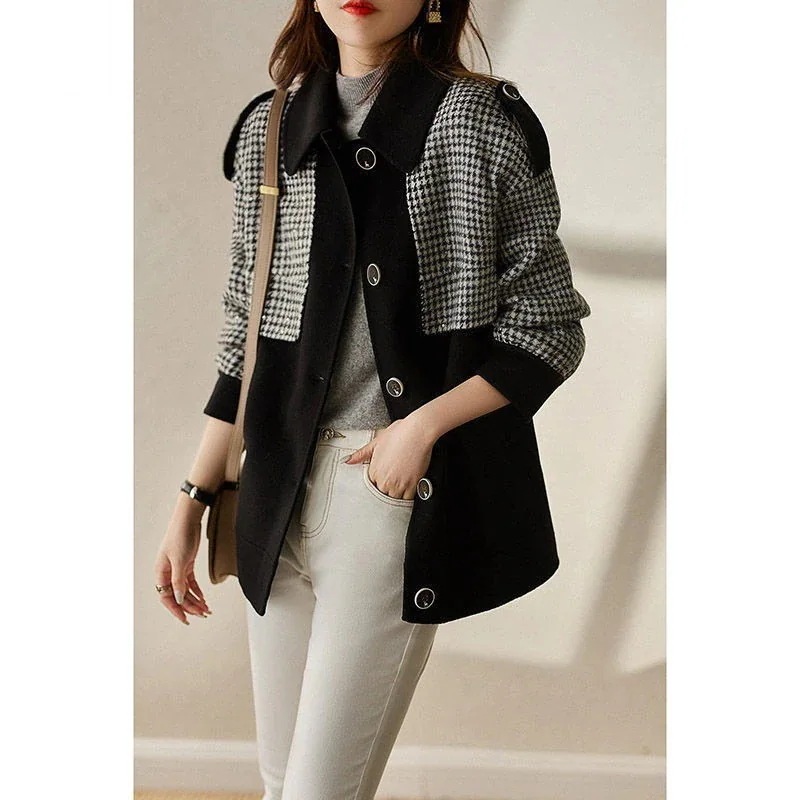 秋冬新作気質千鳥格子パッチワークショートコート婦人服ゆったり百掛けエレガントトップス 秋冬新作気質千鳥格子パッチワークショートコート婦人服ゆったり百掛けエレガントトップス