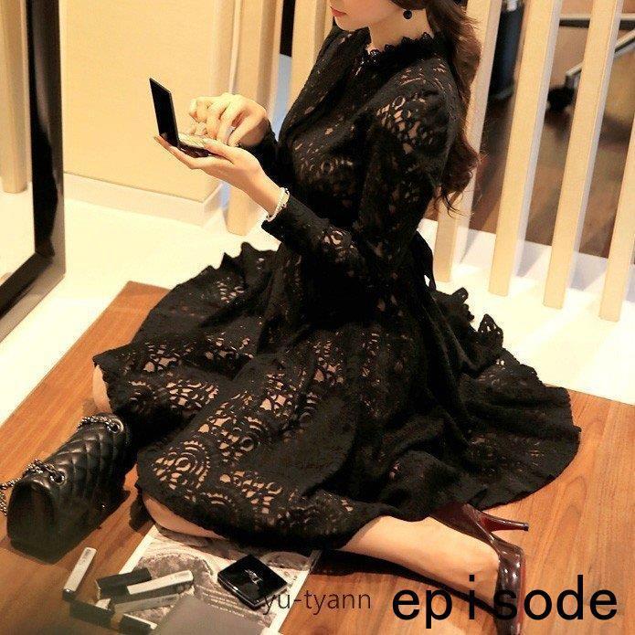 膝丈ワンピース 結婚式 黒 総レース レディース ワンピースドレス 春 長袖レースワンピース ひざ丈ワンピ ショット丈 女性 大人 オシャレ